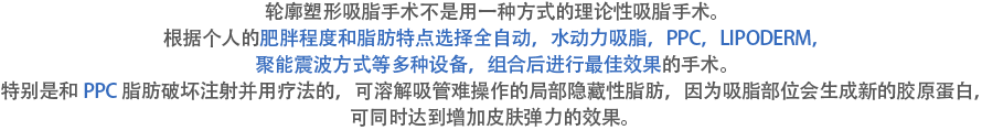 轮廓塑形吸脂手术不是用一种方式的理论性吸脂手术。根据个人的肥胖程度和脂肪特点选择全自动，水动力吸脂，PPC，LIPODERM，聚能震波方式等多种设备，组合后进行最佳效果的手术。特别是和ppc脂肪破坏注射并用疗法的，可溶解吸管难操作的局部隐藏性脂肪，因为吸脂部位会生成新的胶原蛋白，可同时达到增加皮肤弹力的效果。