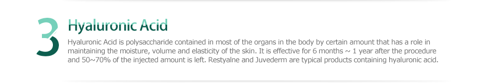 3 Hyaluronic Acid, Hyaluronic Acid is polysaccharide contained in most of the organs in the body by certain amount that has a role in maintaining the moisture, volume and elasticity of the skin. It is effective for 6 months ~ 1 year after the procedure and 50~70% of the injected amount is left. Restyalne and Juvederm are typical products containing hyaluronic acid.